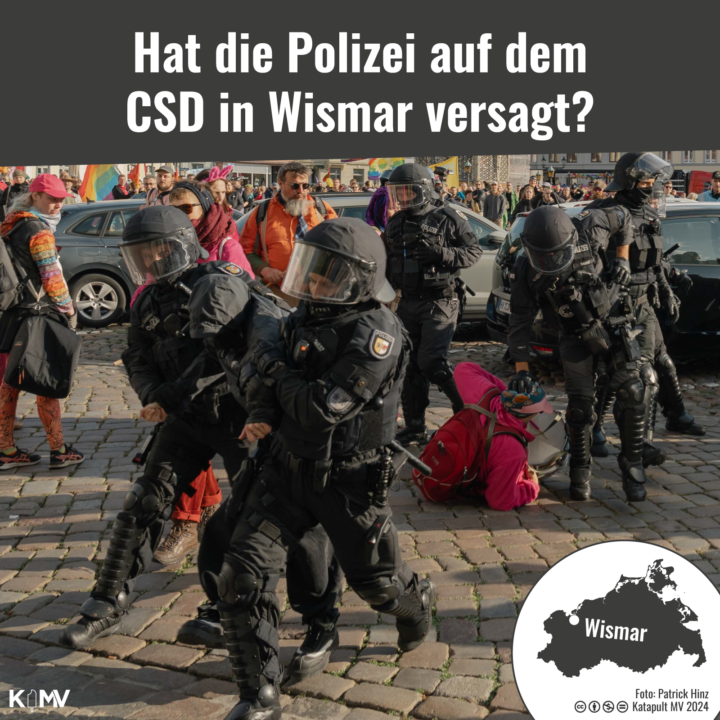 Hat die Polizei auf dem CSD in Wismar versagt? Foto von einer Festnahme auf dem CSD in Wismar. Zusehen sind zwei Beamt:innen