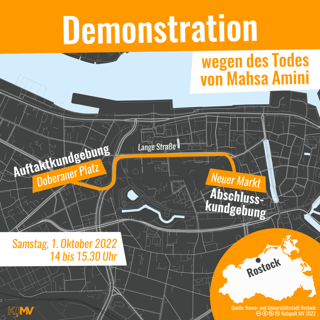 Karte von Rostock. Demonstration wegen des Todes von Mahsa Amini am Samstag