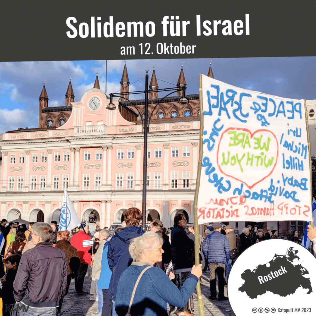 Foto von der Solidemo für Israel am 12. Oktober in Rostock vor dem Rathaus