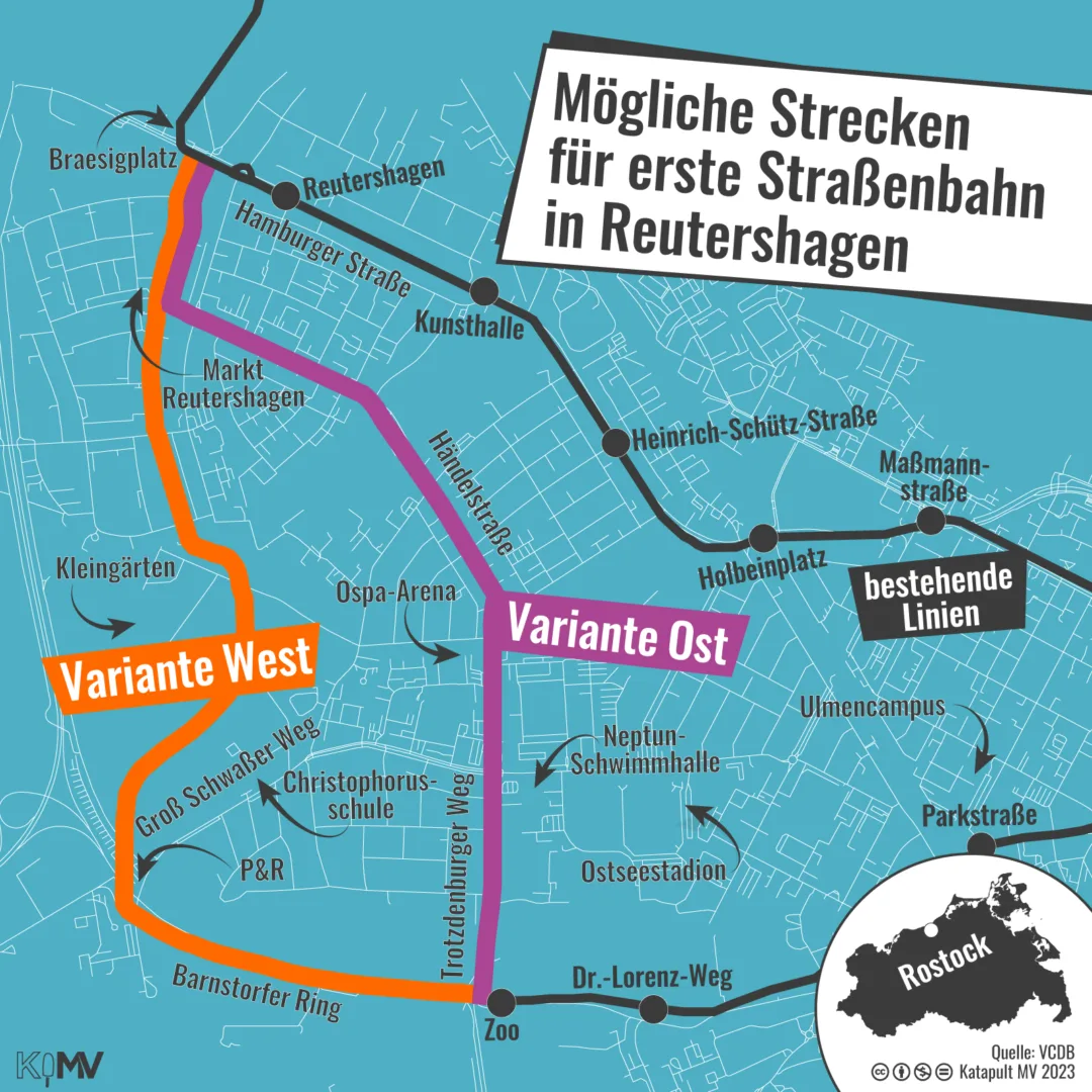 Karte von möglichen Strecken für die erste Straßenbahn in Rostock Reutershagen. Variante Ost vom Zoo durch den Trotzenburger Weg