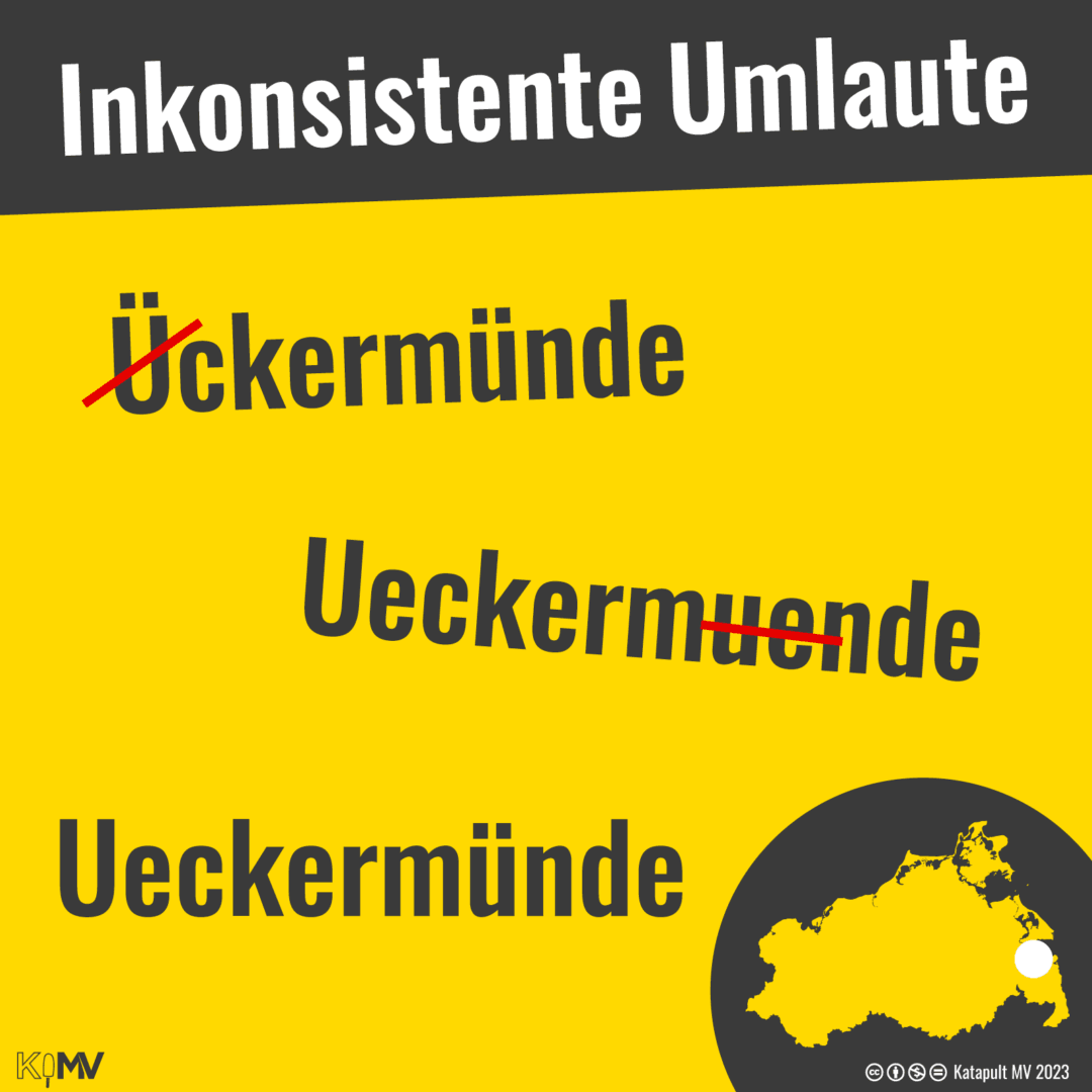 Karte über "Inkonsistente Umlaute": "Ückermünde" mit durchgestrichenem Ü