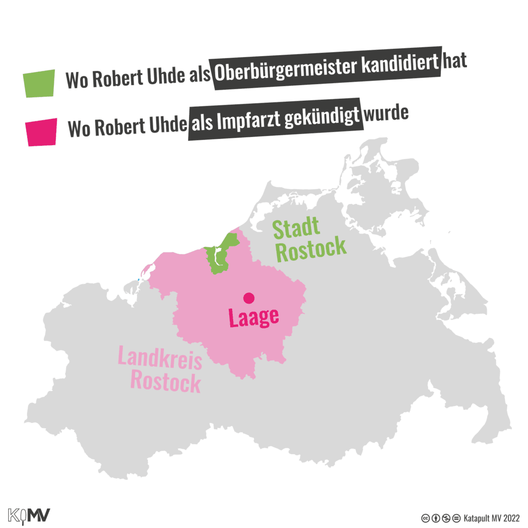 Karte von MV. Wo Robert Uhde als Oberbürgermeister kandidiert hat: Stadt Rostock. Wo Robert Uhde als Impfarzt gekündigt wurde: Laage im Landkreis Rostock.