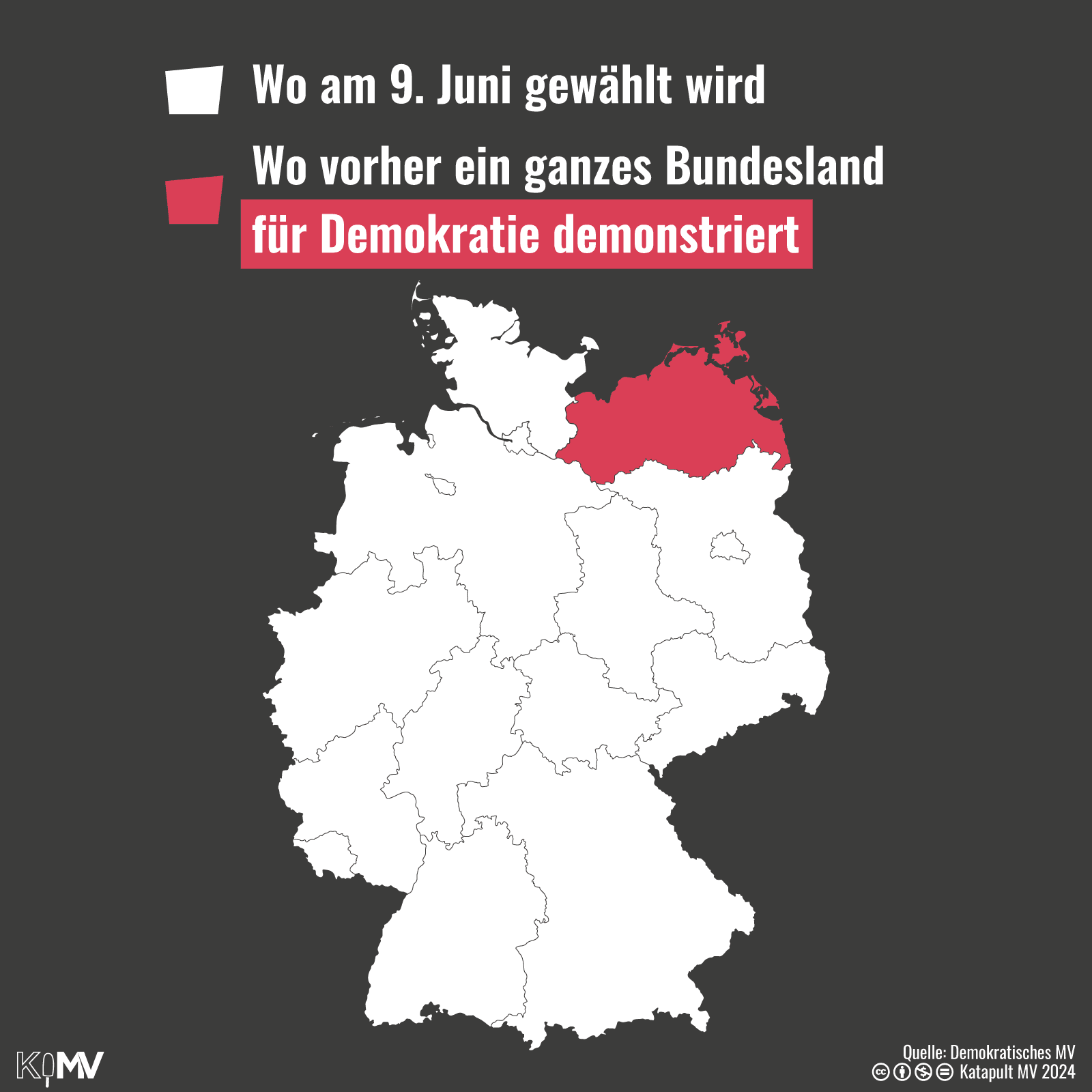 Deutschlandkarte. Wo am 9. Juni gewählt wird: ganz Deutschland. Wo vorher ein ganzes Bundesland für Demokratie demonstriert: MV.