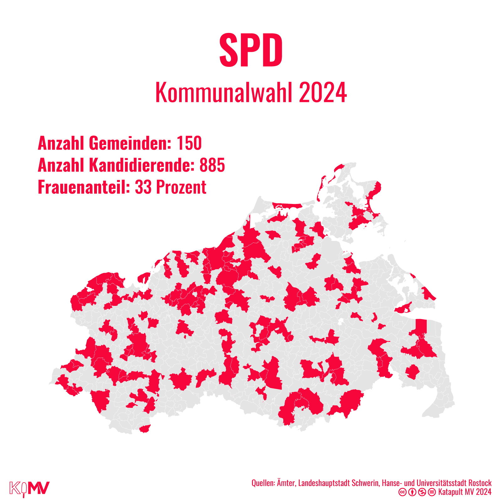 MV-Karte mit eingefärbten 150 von insgesamt 724 Gemeinden, in denen die SPD antritt. Anzahl Kandidierende: 885, Frauenanteil: 33 Prozent