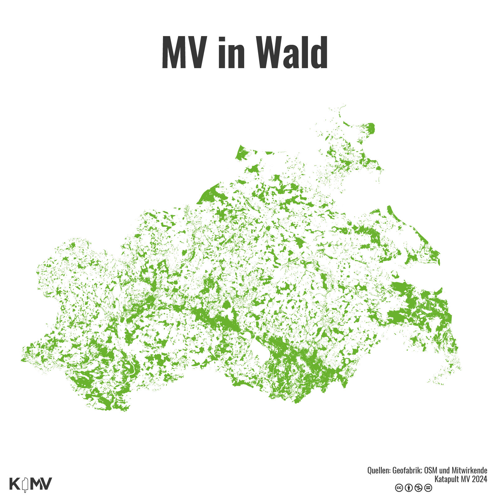 Die Grafik zeigt in grün eingefärbt alle Waldflächen von MV.