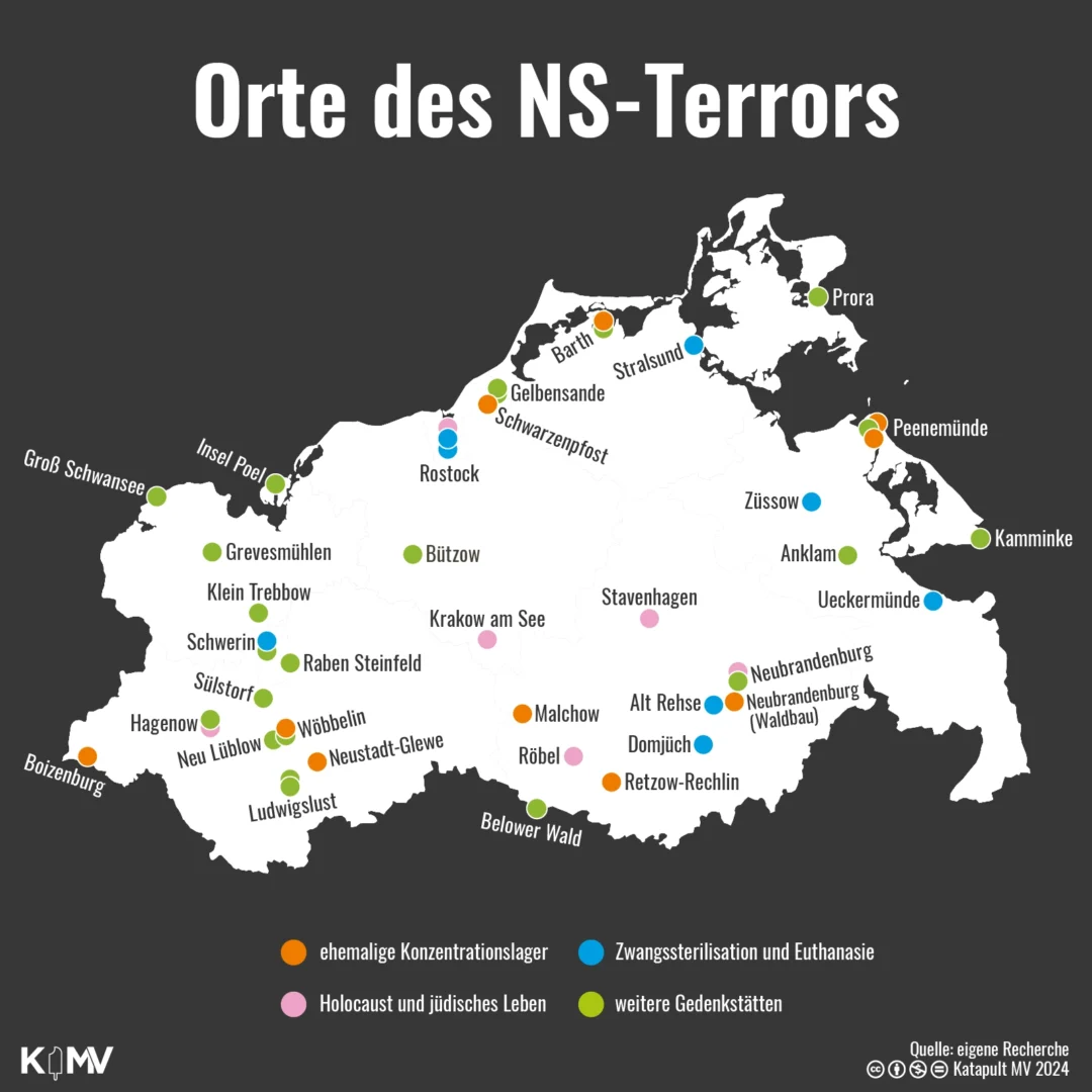 Karte von Mecklenburg-Vorpommern auf der Orte des NS-Terrors dargestellt sind