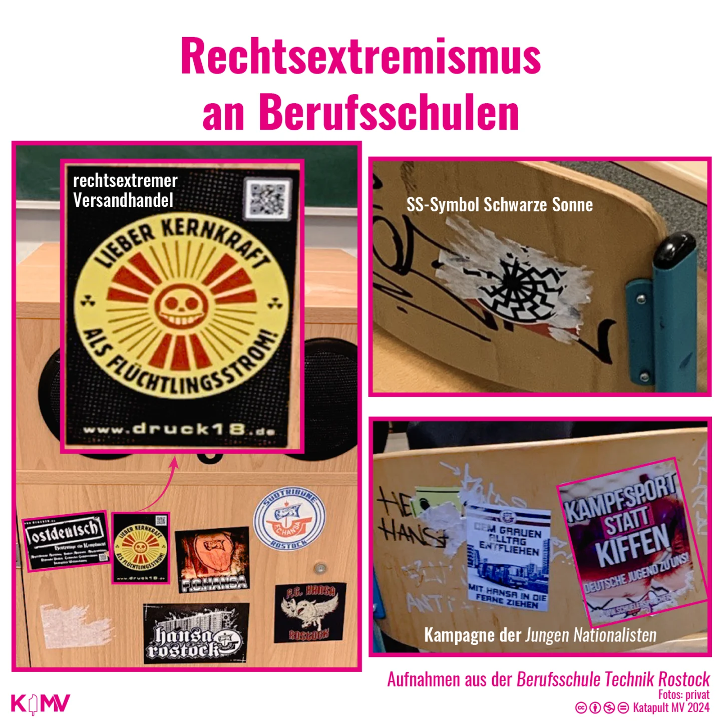 Fotos aus der „Berufsschule Technik Rostock“ von einem Hakenkreuz, vom SS-Symbol Schwarze Sonne, vom rechtsextremen Versandhandel „Druck 18“ und einer Kampagne der „Jungen Nationalisten“.