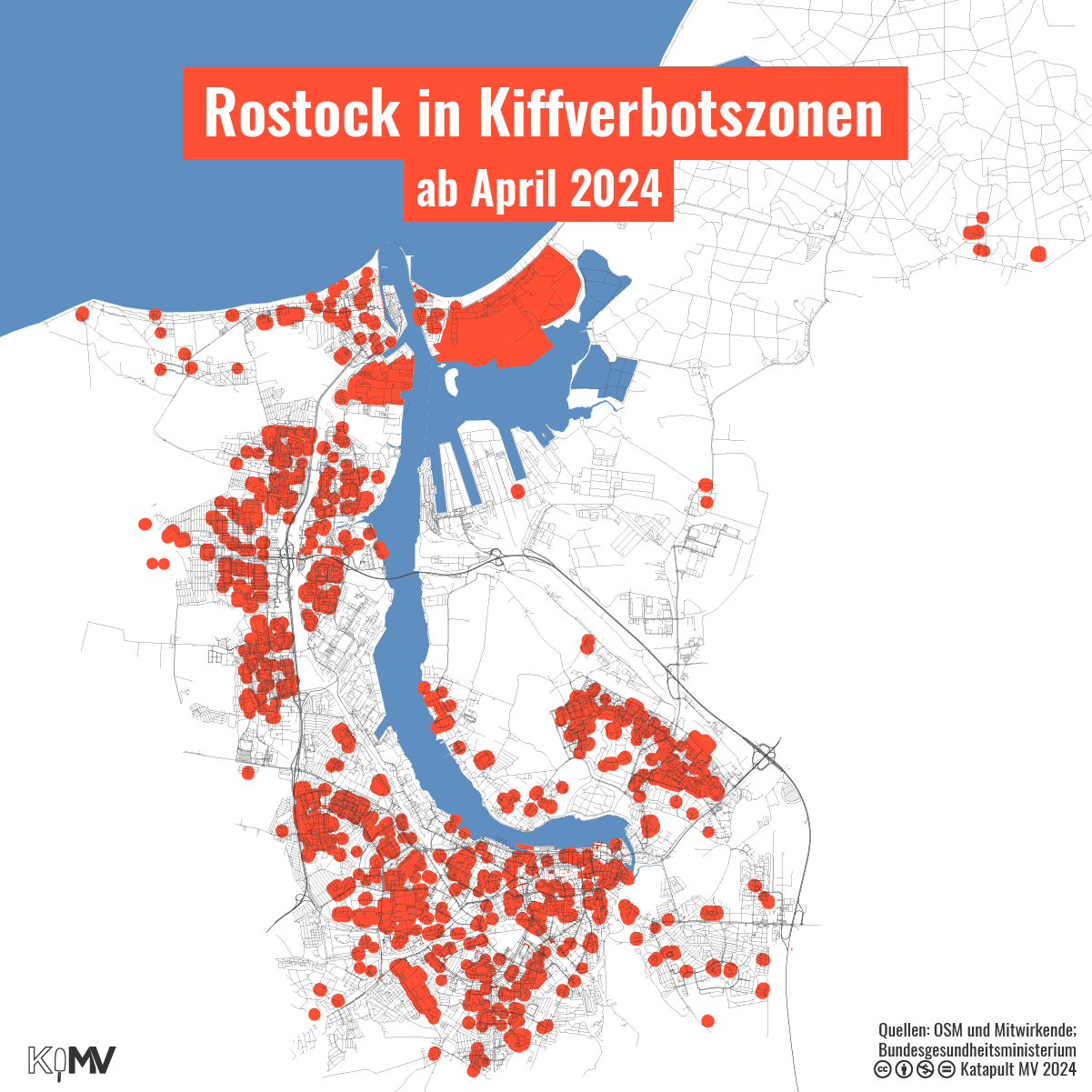 Karte von Rostock mit eingezeichnet Kiffverbotszonen