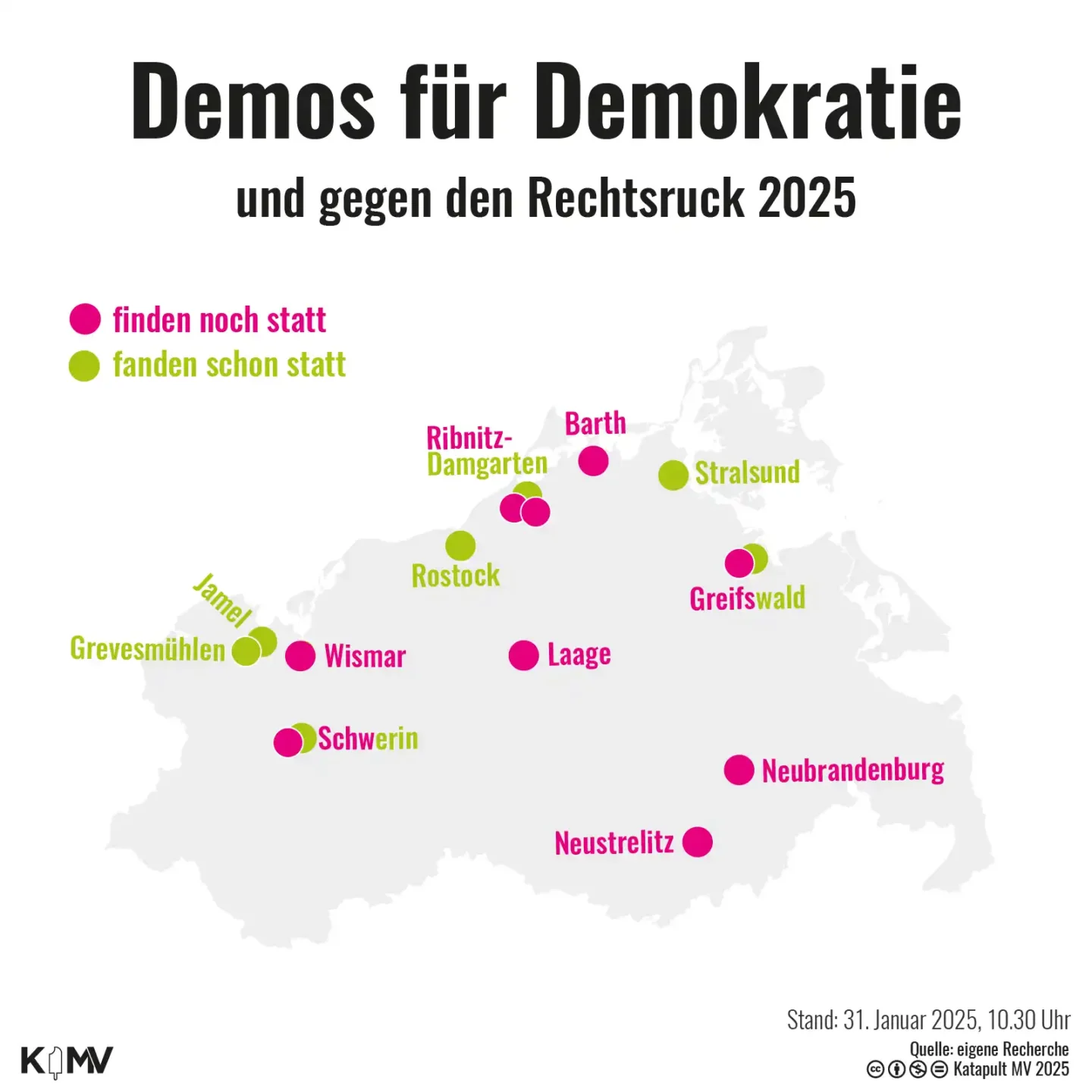 Die Grafik zeigt eine Karte von Mecklenburg-Vorpommern, auf der die Orte von Demonstrationen für Demokratie und gegen den Rechtsruck eingezeichnet sind. Es wird differenziert zwischen den Veranstaltungen, die schon stattfanden und denen, die noch ausstehen.