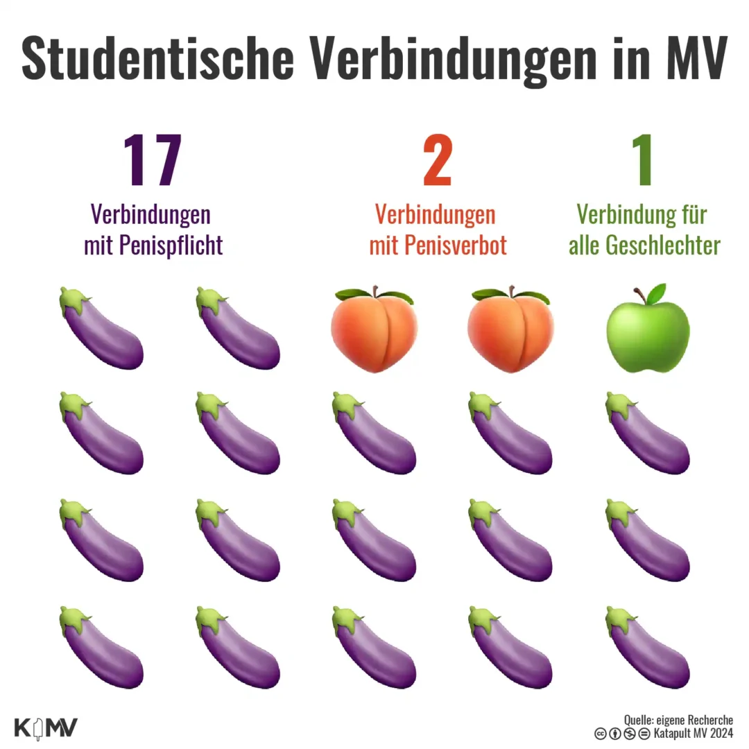 Auf der Grafik sieht man eine Übersicht, der Studentenverbindungen beziehungsweise studentischen Verbindungen in Mecklenburg-Vorpommern (MV). Es gibt 17 Männerbünde, bei denen der Penispflicht herrscht, 2 Damenverbindungen bei denen Penisverbot herrscht und eine Verbindung für alle Geschlechter.