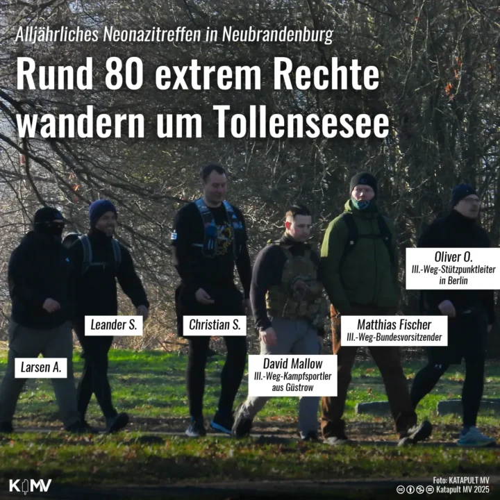 Das Foto ist eine Aufnahme vom sogenannten Tollensemarsch, der am Wochenende – am Samstag, dem 22. Februar 2025 – in Neubrandenburg stattfand. Zu sehen sind unter anderem zwei Kader der rechtsextremen Kleinstpartei „Der III. Weg“, David Mallow und Matthias Fischer.