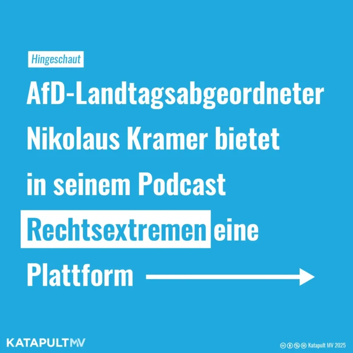 Die Schlagzeile auf dieser Grafik lautet: Hingeschaut – AfD-Landtagsabgeordneter Nikolaus Kramer bietet in seinem Podcast Rechtsextremen eine Plattform.