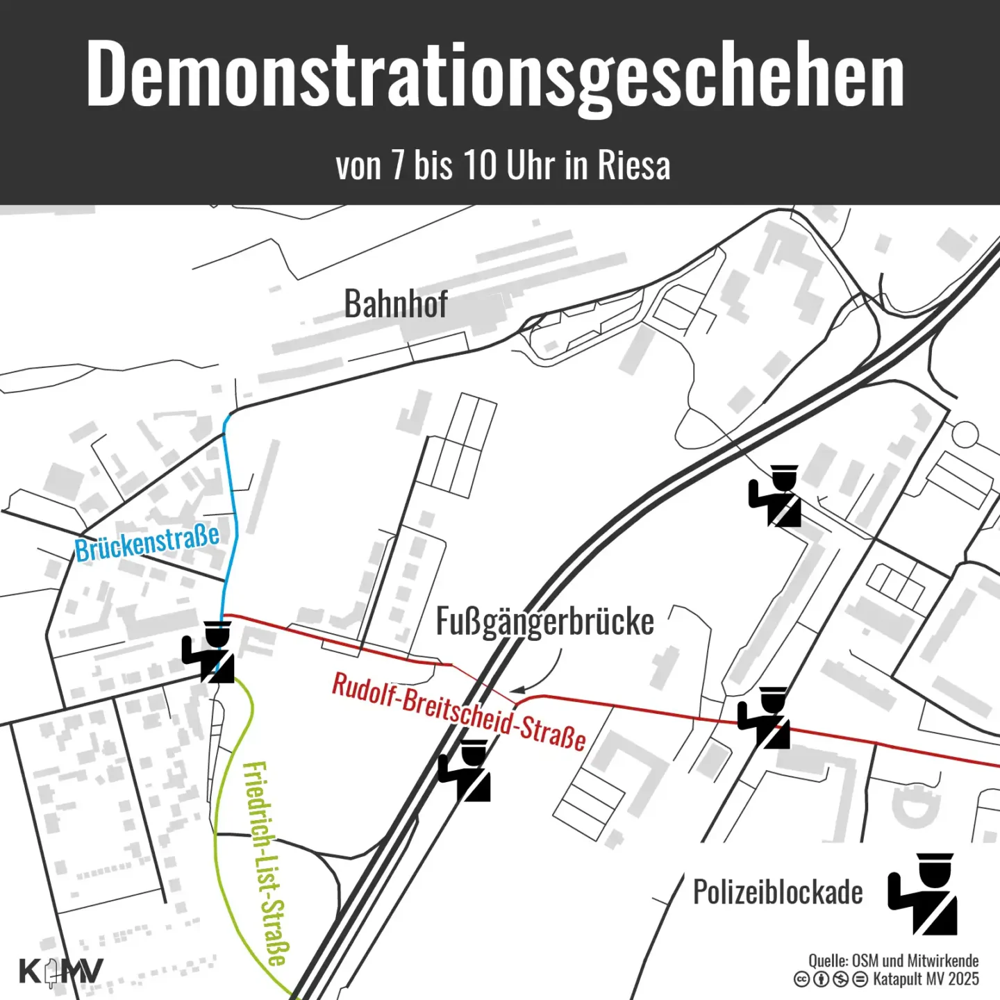 Die Karte zeigt das Demonstrationsgeschehen im Rahmen der Proteste zum AfD-Parteitag in Riesa. Zu sehen sind die orte, an denen Polizeiblockaden stattfanden.