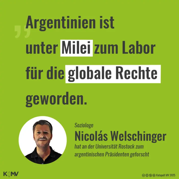 Der Soziologe Nicolas Welschinger forscht an der Universität Rostock (Mecklenburg-Vorpommern) zu Javier Milei. Der libertäre Präsident Argentiniens ist Vorbild rechter Akteur:innen weltweit.