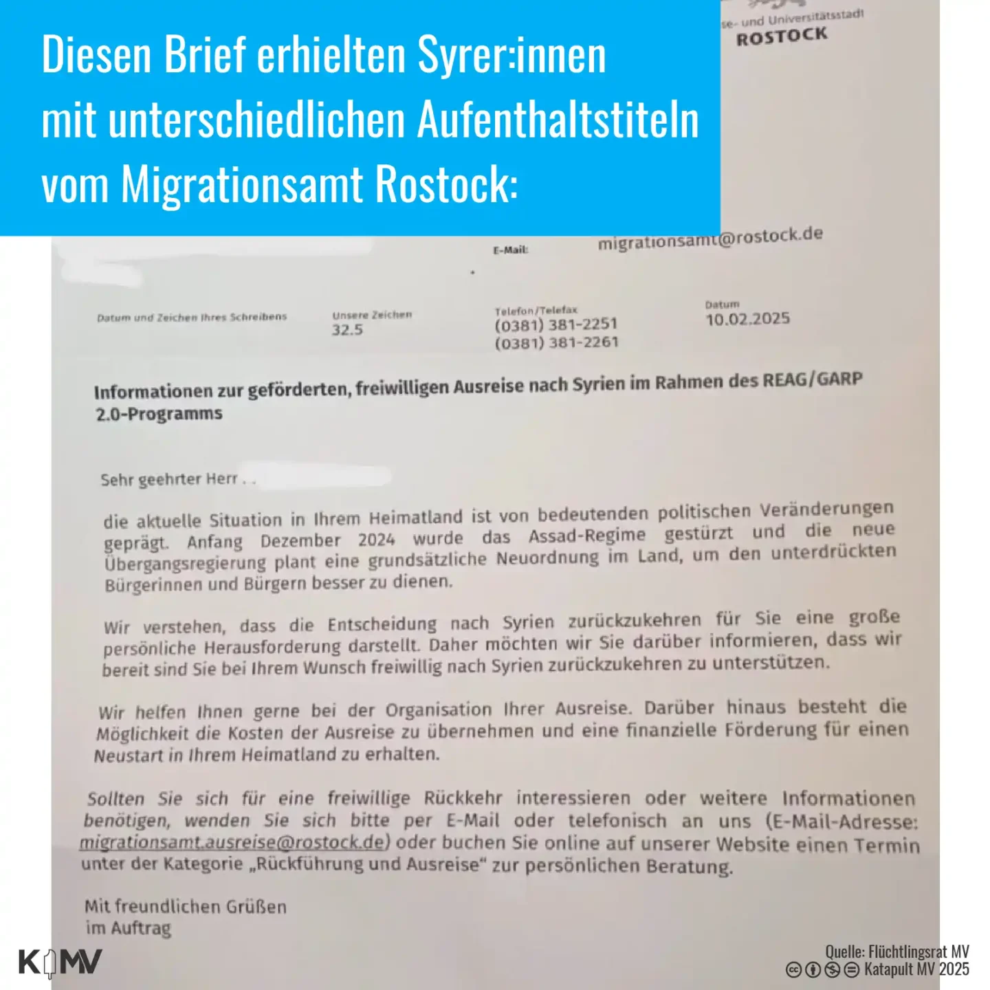 Diesen Brief erhielten Syrer mit unterschiedlichen Aufenthaltstiteln vom Migrationsamt Rostock.