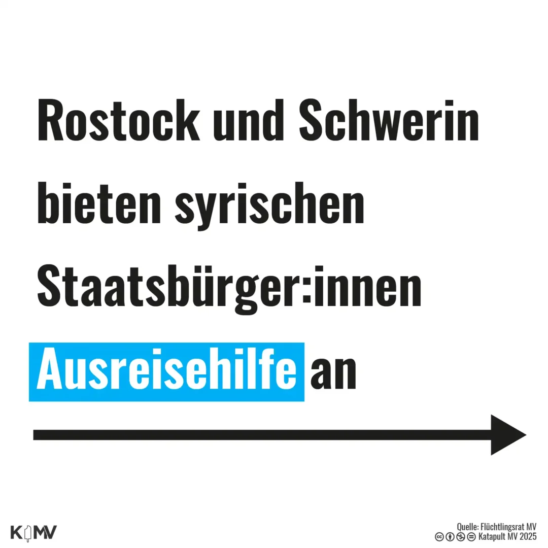 Die Kachel zeigt den Schriftzug: Rostock und Schwerin bieten syrischen Staatsbürger:innen Ausreishilfe an.