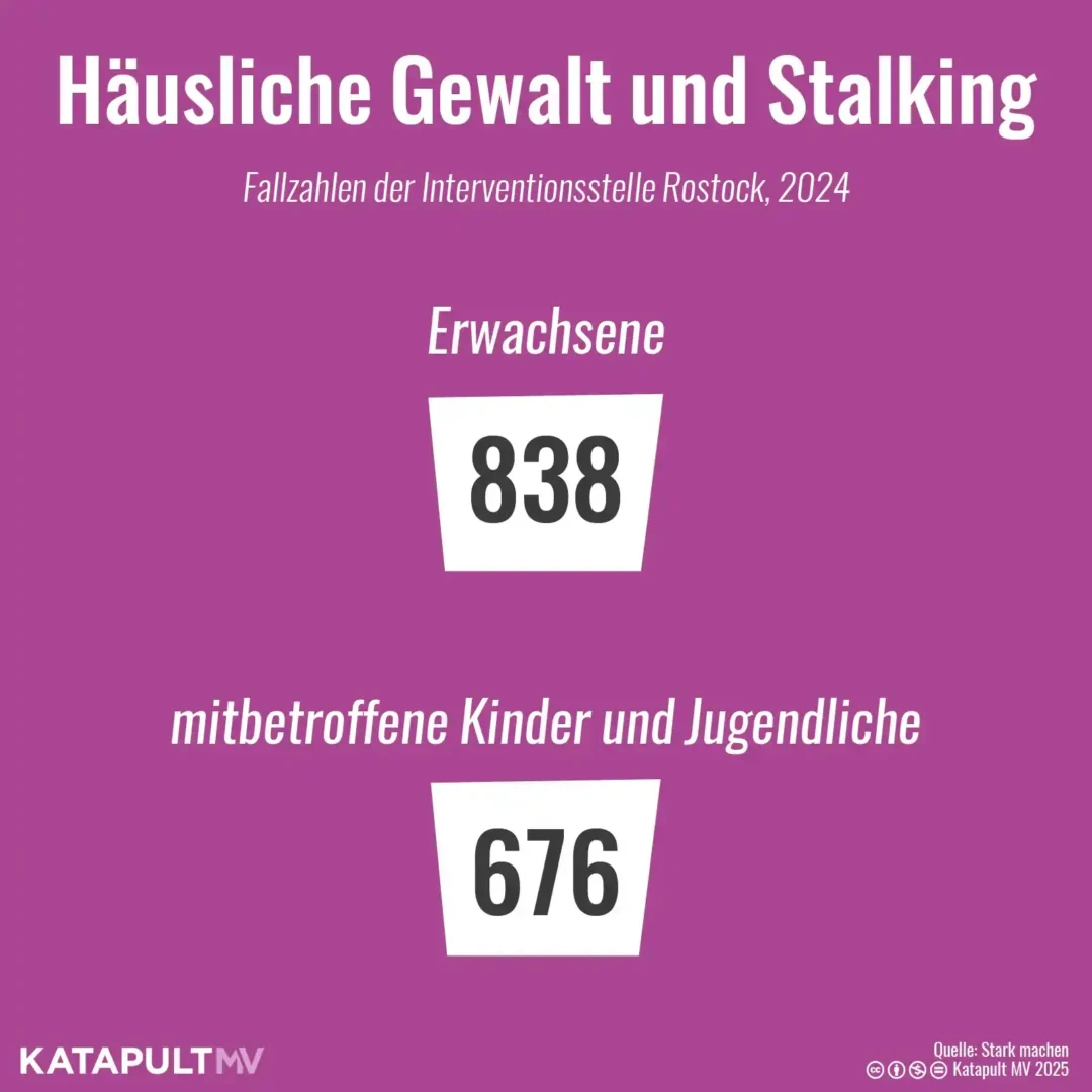 Die Grafik stellt die Fallzahlen der Interventionsstelle gegen häusliche Gewalt und Stalking in Rostock dar. In 2024 betrug diese bei den Erwachsenen 838 und bei den mitbetroffenen Kindern 676.