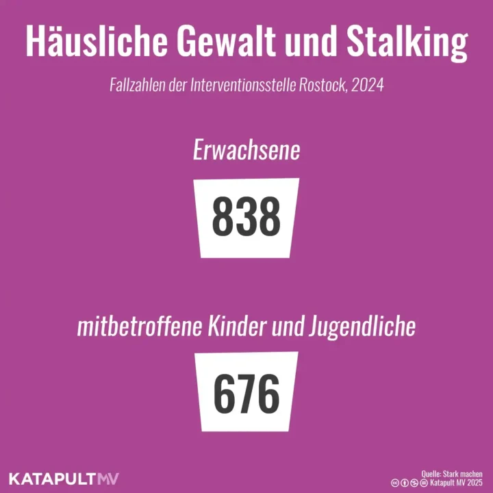 Die Grafik stellt die Fallzahlen der Interventionsstelle gegen häusliche Gewalt und Stalking in Rostock dar. In 2024 betrug diese bei den Erwachsenen 838 und bei den mitbetroffenen Kindern 676.