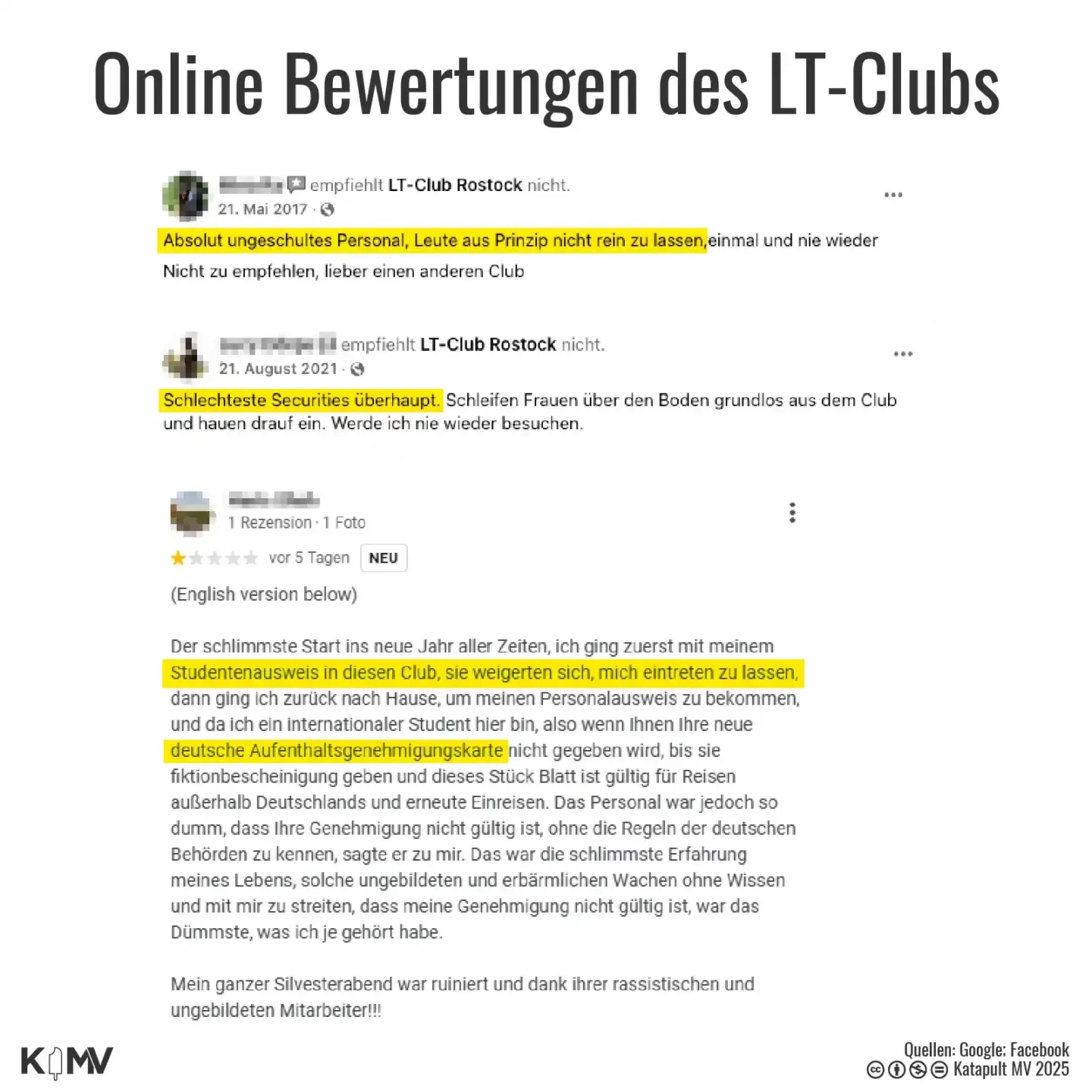 Auf der Grafik sind drei Screenshots von Google zu sehen. Darin wird die Security des LT-Clubs in Rostock bewertet. Dieses wird unter anderem als „ungeschult“ und „schlecht“ bezeichnet.