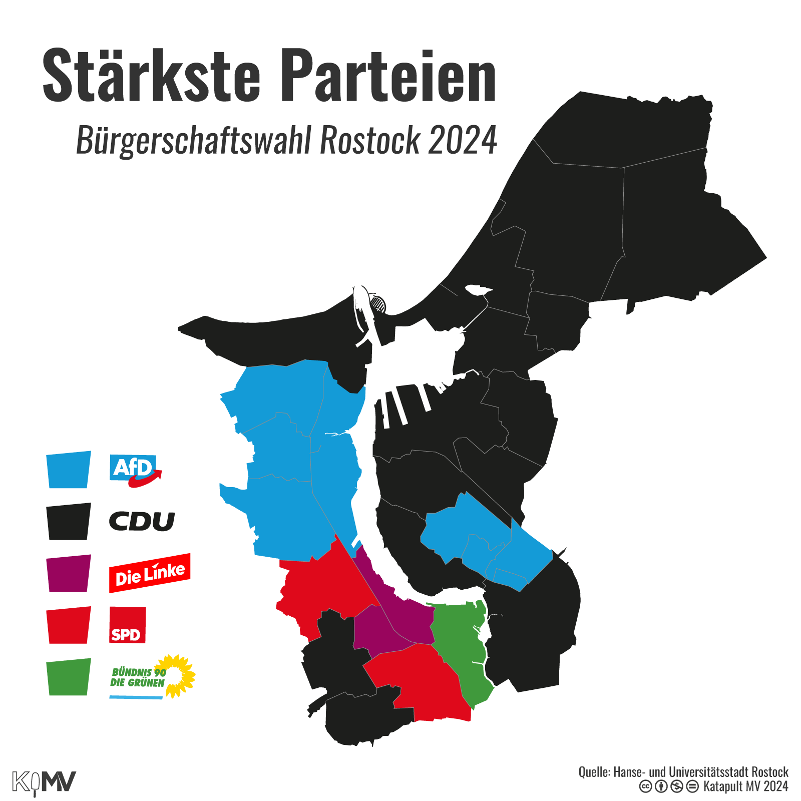 Stärkste Parteien zur Bürgerschaftswahl Rostock 2024 nach Stadtteilen. In den Plattenbauvierteln des Nordostens und Nordwestens die AfD, in Reutershagen und Südstadt SPD, in KTV und Hansaviertel die Linke, Stadtmitte die Grünen, sonst CDU