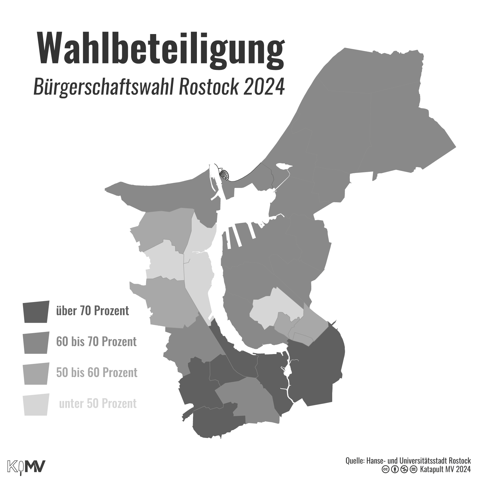 Wahlbeteiligung zur Bürgerschaftswahl Rostock 2024 nach Stadtteilen. In den Plattenbauvierteln des Nordostens und Nordwestens mitunter unter 50 Prozent, in Reutershagen, Südstadt, Warnemünde, Gehlsdorf und im Osten zwischen 60 und 70 Prozent und in Stadtmitte, KTV, Hansaviertel, Gartenstadt/Stadtweide, Biestow und Brinckmansdorf über 70 Prozent