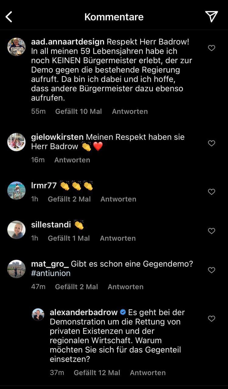 Neben Kritik erhält der OB auch viel Zuspruch für seinen „mutigen“ Vorstoß gegen die Ampelkoalition. Quelle: Instagram