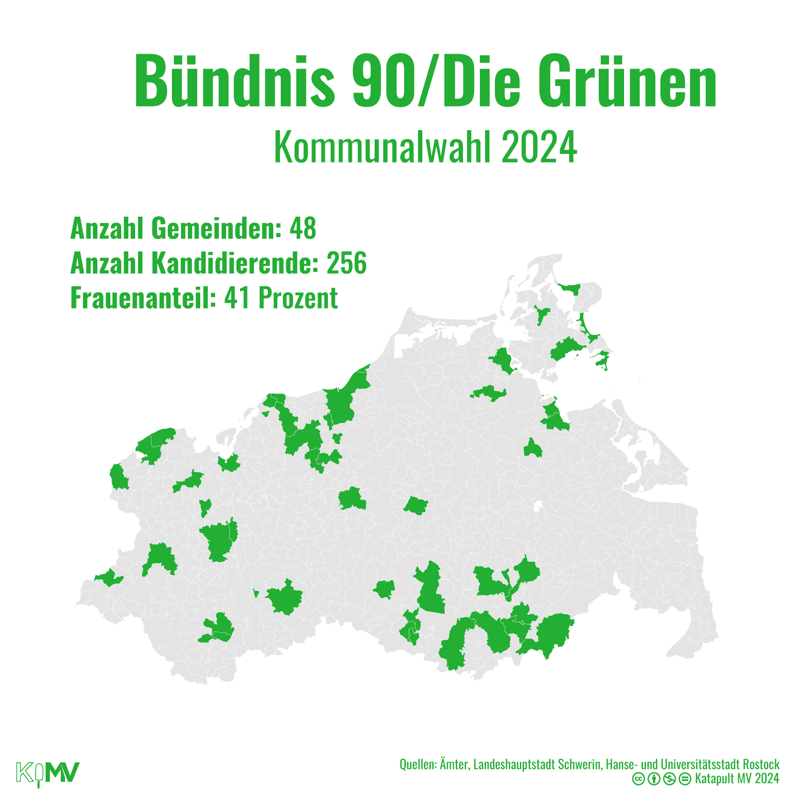 MV-Karte mit eingefärbten 48 von insgesamt 724 Gemeinden, in denen die Grüne antritt. Anzahl Kandidierende: 256, Frauenanteil: 41 Prozent