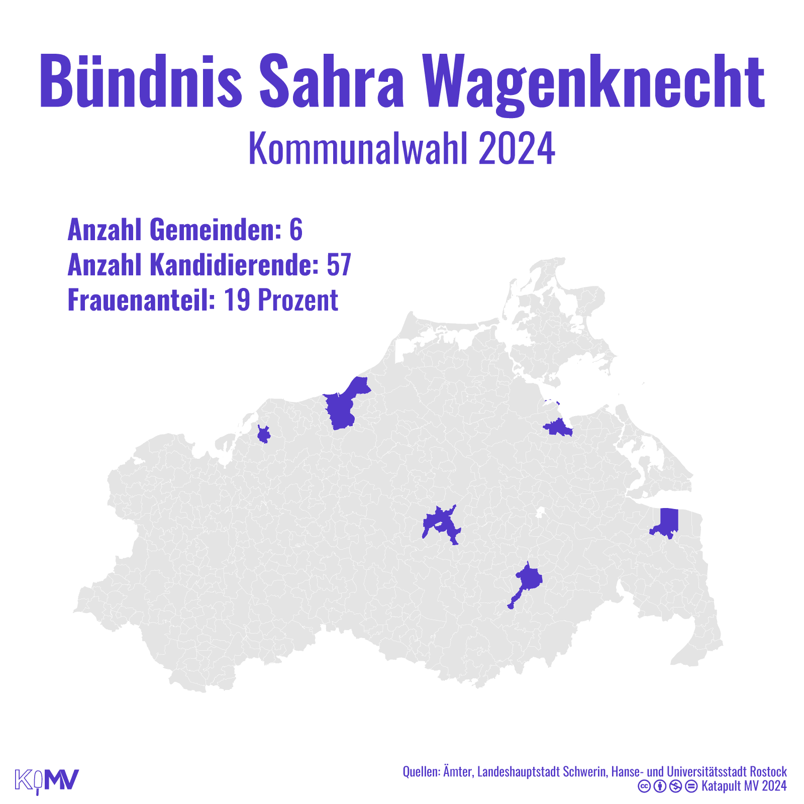 MV-Karte mit eingefärbten 6 von insgesamt 724 Gemeinden, in denen das BSW antritt. Anzahl Kandidierende: 57, Frauenanteil: 19 Prozent