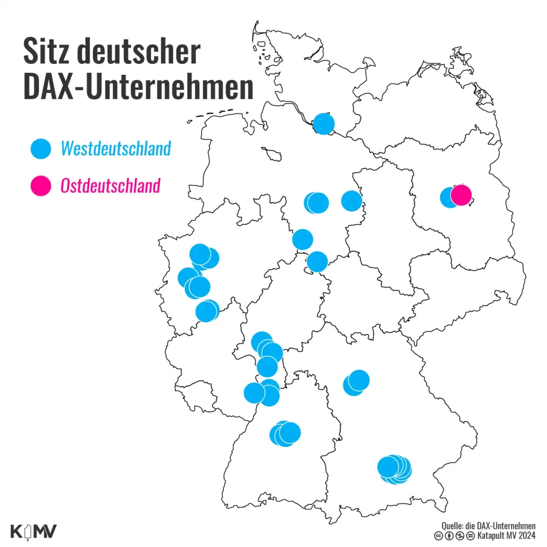 Auf einer Deutschlandkarte sind die Sitze der deutschen Dax-Unternehmen eingezeichnet. Nur eins hat seinen Sitz in Ostdeutschland.