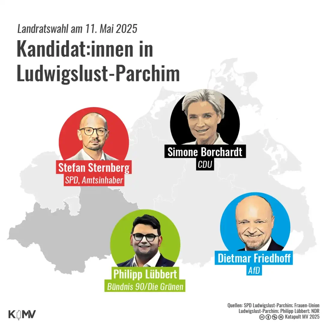 Die Grafik zeigt die vier Kandidat:innen für die Landratswahl am 11. Mai 2025 in Ludwigslust-Parchim. Das sind der bisherige Amtsinhaber Stefan Sternberg (SPD), Simone Borchardt (CDU), Philipp Lübbert (Bündnis 90/Die Grünen) und Dietmar Friedhoff (AfD).