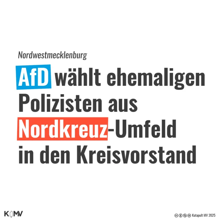 Die Schlagzeile auf der Grafik lautet: Nordwestmecklenburg – AfD wählt ehemaligen Polizisten aus Nordkreuz-Umfeld in den Kreisvorstand.