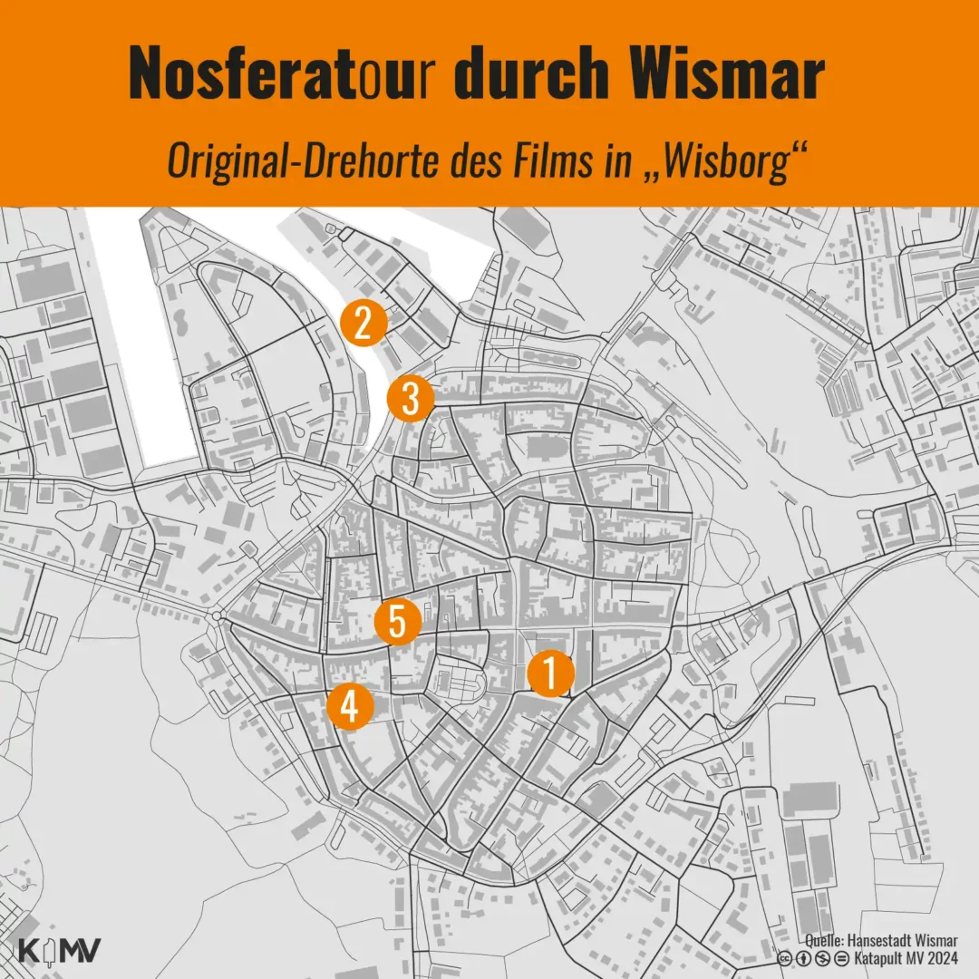 Zu sehen ist eine Karte der Hansestadt Wismar (Mecklenburg-Vorpommern). Eingezeichnet sind die Drehorte des Vampirfilms Nosferatu. Diese sind in der gesamten Altstadt von Wismar (Mecklenburg-Vorpommern) verteilt. Die Schrift ist orange und orientiert sich thematisch an Halloween.