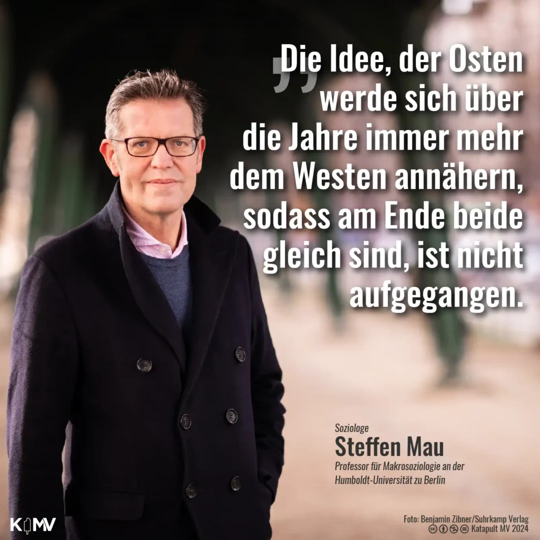 Foto des aus Rostock stammenden Soziologen Steffen Mau; Er sagt im Interview mit KATAPULT MV: „Die Idee, der Osten werde sich über die Jahre immer mehr dem Westen annähern, sodass am Ende beide gleich sind, ist nicht aufgegangen.“