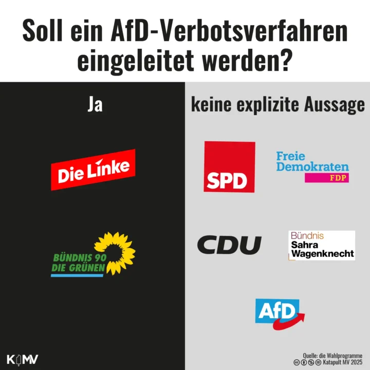 Die Grafik zeigt die Positionen der am wahrscheinlichsten zur Bundestagswahl 2025 in den Bundestag einziehenden Parteien zum Thema AfD-Verbotsverfahren auf. Während sich Linkspartei und Grüne für die Einleitung eines Verfahrens aussprechen, enthalten die Wahlprogramme von SPD, FDP, CDU, BSW und AfD keine expliziten Aussagen zu diesem Thema.