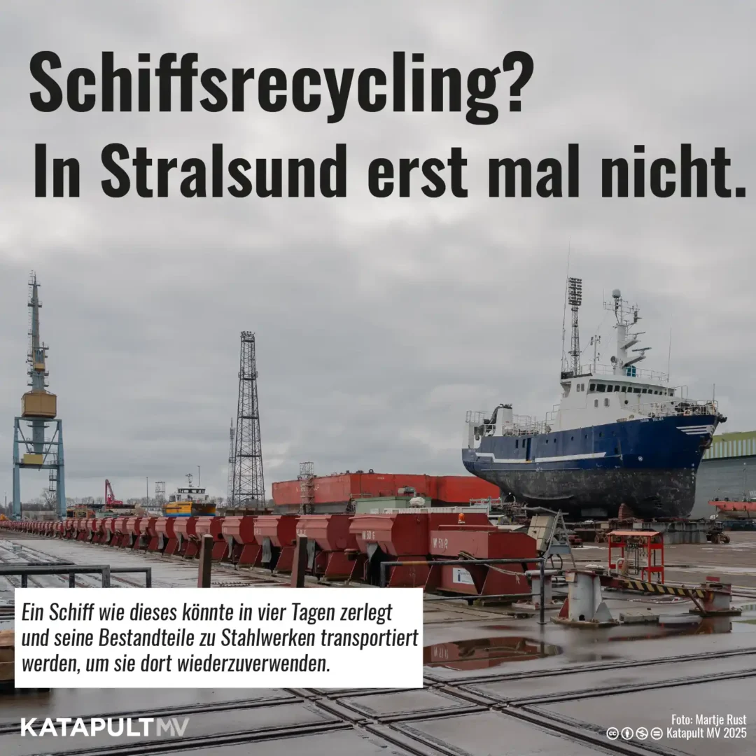 Gezeigt wird ein Foto vom Stralsunder Werftgelände. Zu lesen ist „Schiffsrecycling? In Stralsund erst mal nicht.“ In einem kleinen Infokasten steht: „Ein Schiff wie dieses könnte in vier Tagen zerlegt und seine Bestandteile zu Stahlwerken transportiert werden, um sie dort wiederzuverwenden.“