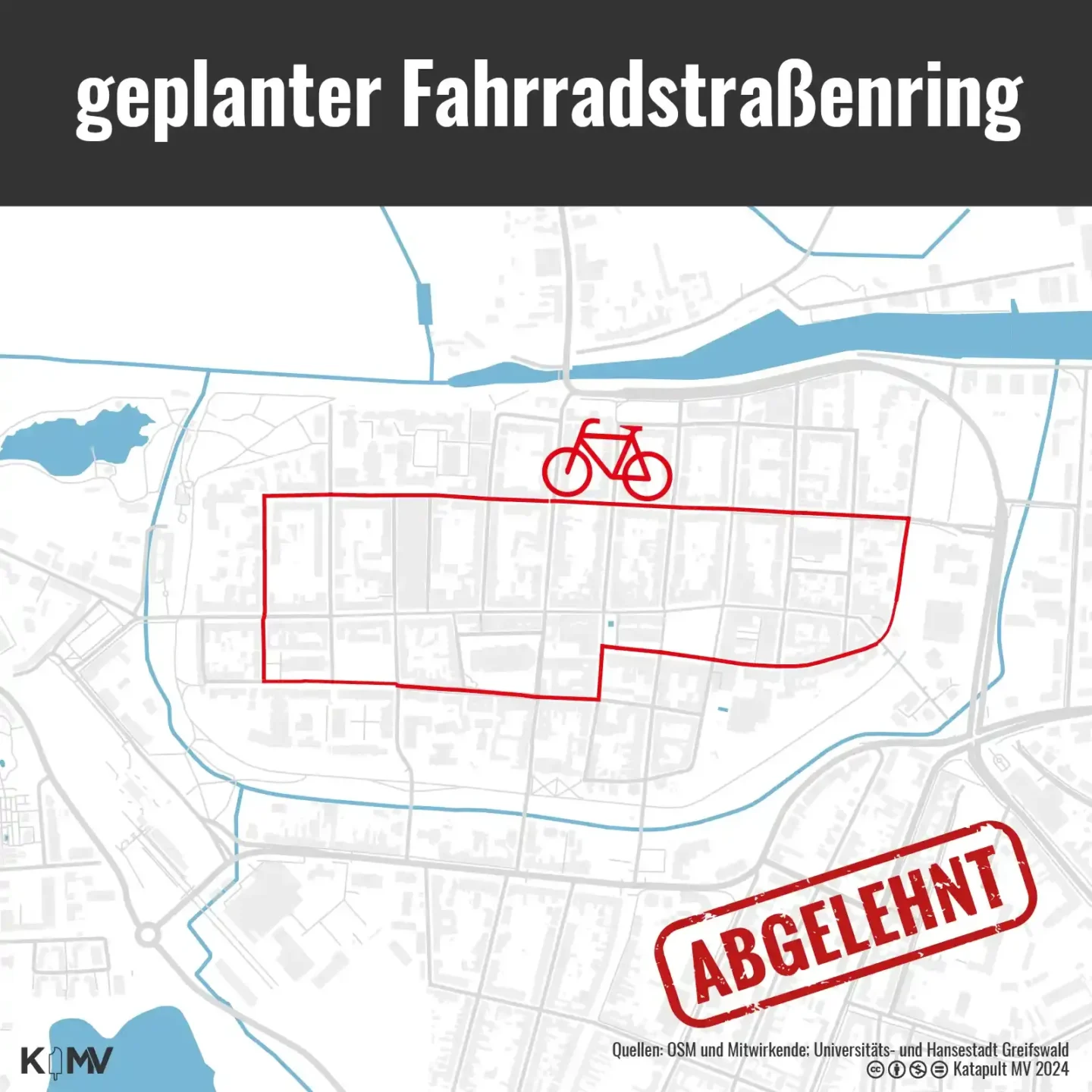 Die Grafik zeigt eine Karte der Greifswalder Innenstadt. Eingezeichnet ist der bisher vorgesehene Fahrradstraßenring entlang der Friedrich-Loeffler- und Domstraße.