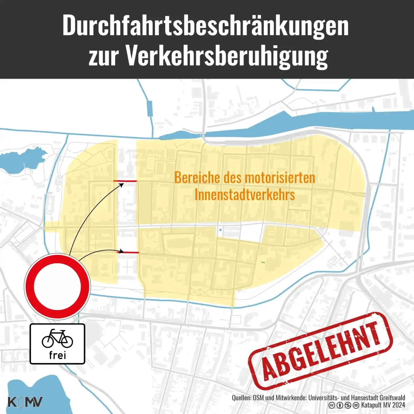 Die Grafik zeigt die Greifswalder Innenstadt mit den im Verkehrskonzept geplanten Durchfahrtsbeschränkungen.