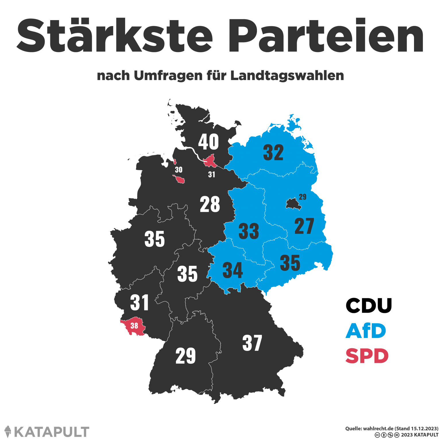 Deutschlandkarte Stärkste Parteien nach Umfragen für Landtagswahlen: In den ostdeutschen Bundesländern die AfD, in Hamburg, Bremen und dem Saarland die SPD, in westdeutschen Bundesländersn und Berlin CDU.