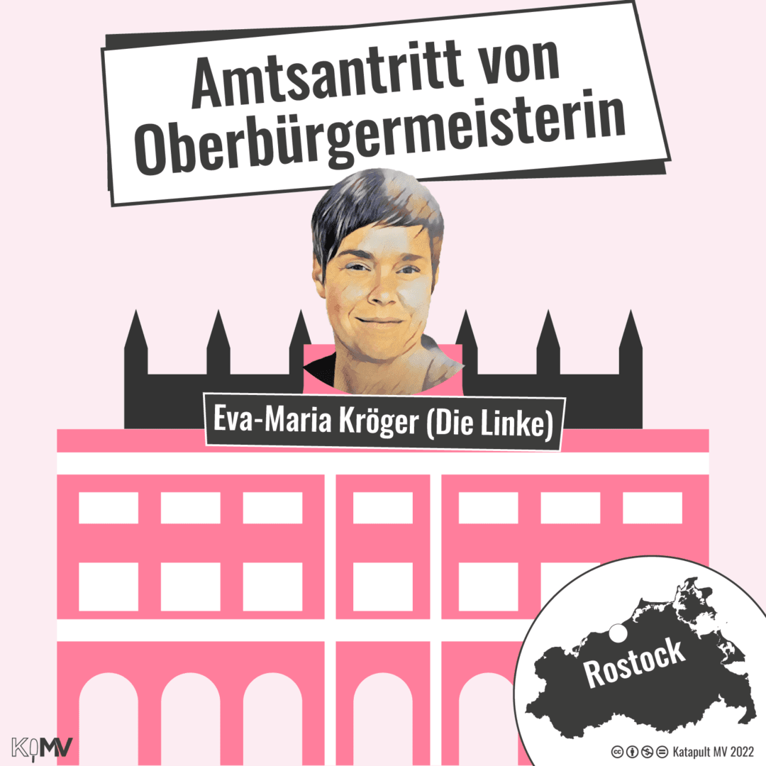 Bild von Eva-Maria Kröger (Die Linke) an der Spitze des rosa Rathauses. Überschrift: Amtsantritt von Oberbürgermeisterin.