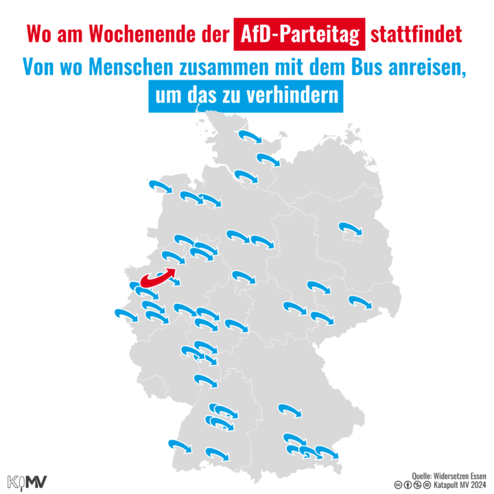 Deutschlandkarte. Wo am Wochenende der AfD-Parteitag stattfindet: Essen; Von wo Menschen zusammen mit dem Bus anreisen