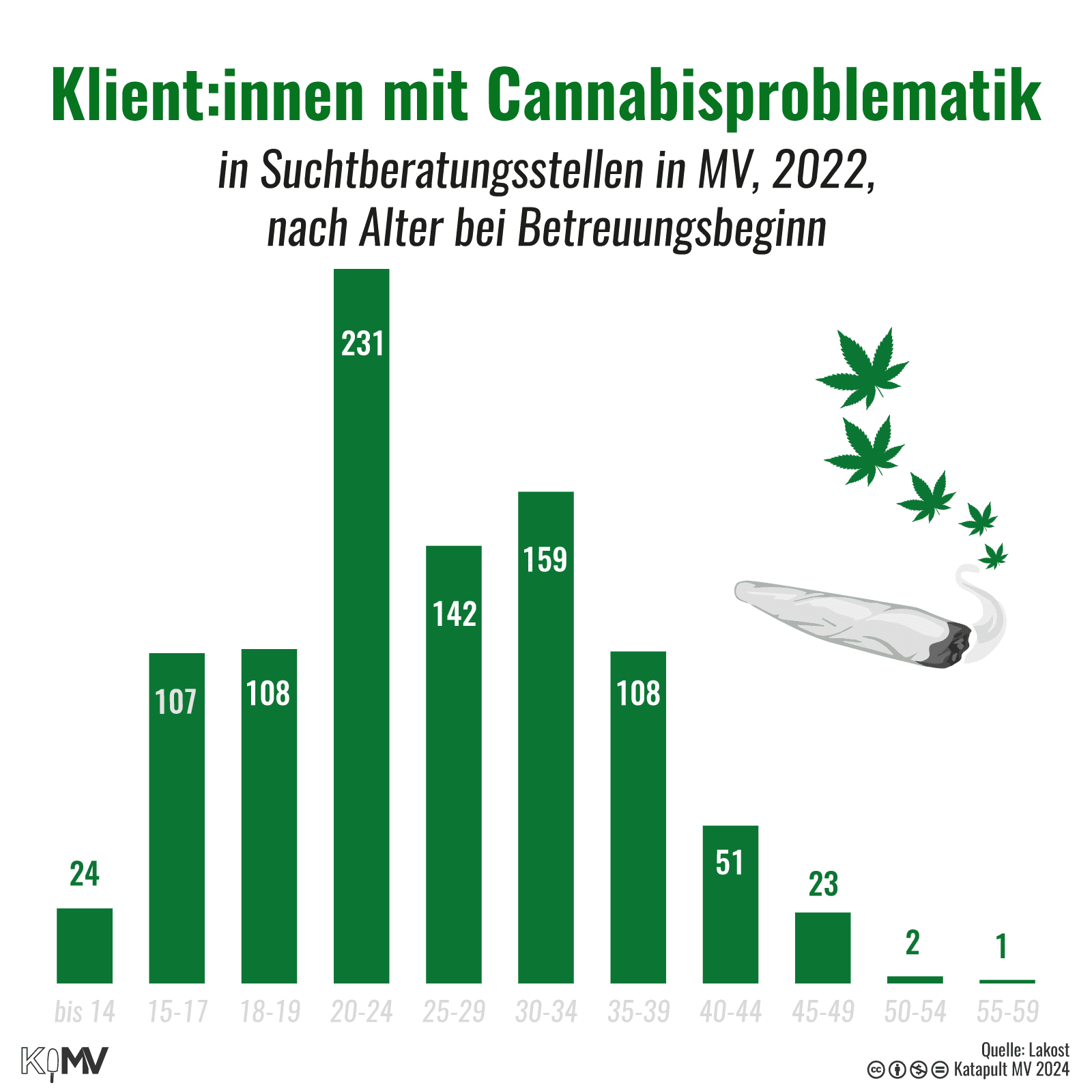 Säulendiagramm zu Klient:innen mit Cannabisproblematik in Suchtberatungsstellen in MV, 2022, nach Alter bei Betreuungsbeginn: bis 14 24, 15-17 107, 18-19 108, 20-24 231, 25-29 142, 30-34 159, 35-39 108, 40-44 51, 45-49 23, 50-54 2, 55-59 1.