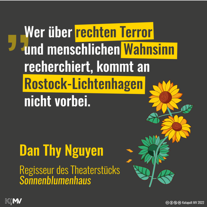 Drei Sonnenblumen und ein Zitat: "Wer über rechten Terror und menschlichen Wahnsinn recherchiert