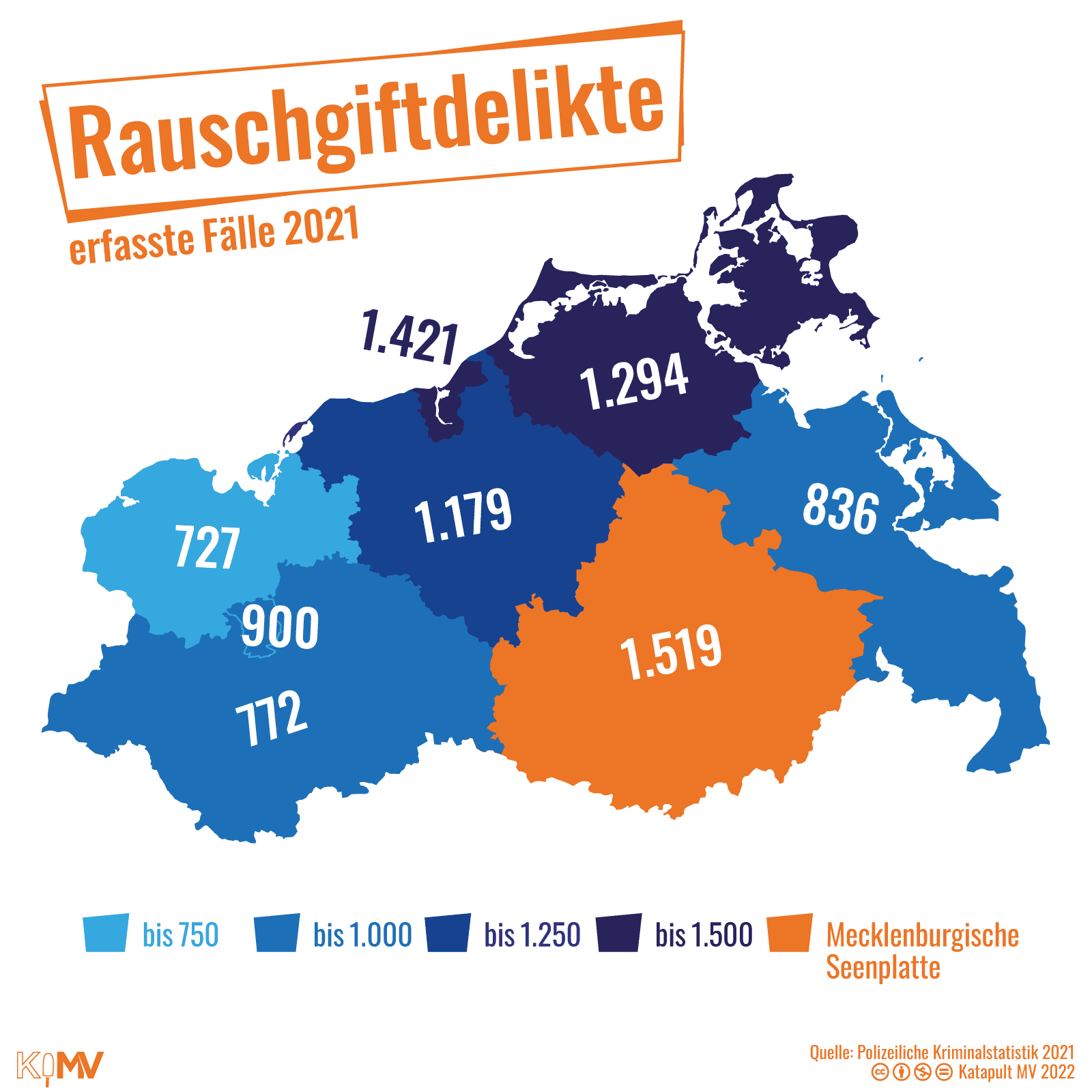 MV-Karte mit der Verteilung von erfassten Rauschgiftdelikten im Jahr 2021