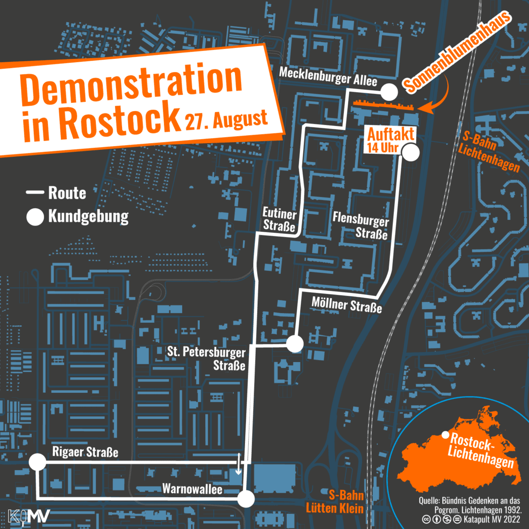 Route der Demonstration am 27. August in Rostock-Lichtenhagen: Flensburger Straße (Auftaktkundgebung) - Möllner Straße (erste Kundgebung) - St.-Petersburger Straße (zweite Kundgebung) - Warnowallee - Ostseeallee (dritte Kundgebung) - Rigaer Straße - St.-Petersburger Straße - Schleswiger Straße - Eutiner Straße - Parchimer Straße - Mecklenburger Allee (Abschlusskundgebung)