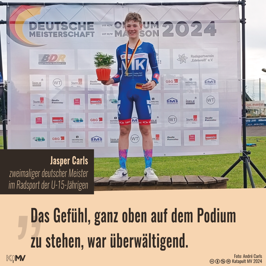 Der Greifswalder Radsportler Jasper Carls ist bei den U-15-Jährigen zweimaliger deutscher Meister geworden.