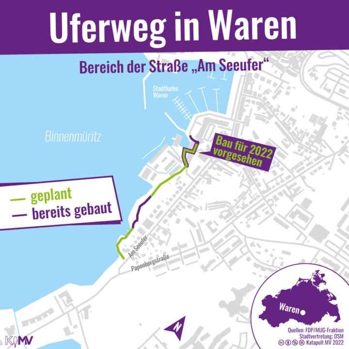 Straßenkarte von Waren (Müritz) mit einen geplanten Wanderweg am Ufer eines Sees. Teile des Weges sind als geplant markiert