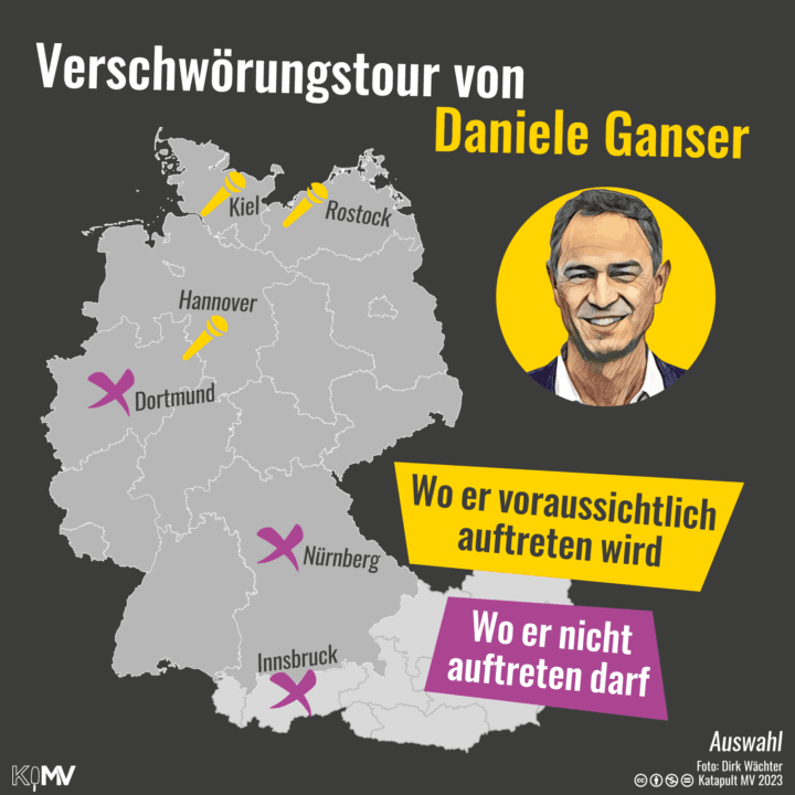 Karte von Deutschland und Österreich: “Verschwörungstour von Daniele Ganser”. Wo er voraussichtlich auftreten wird: Rostock