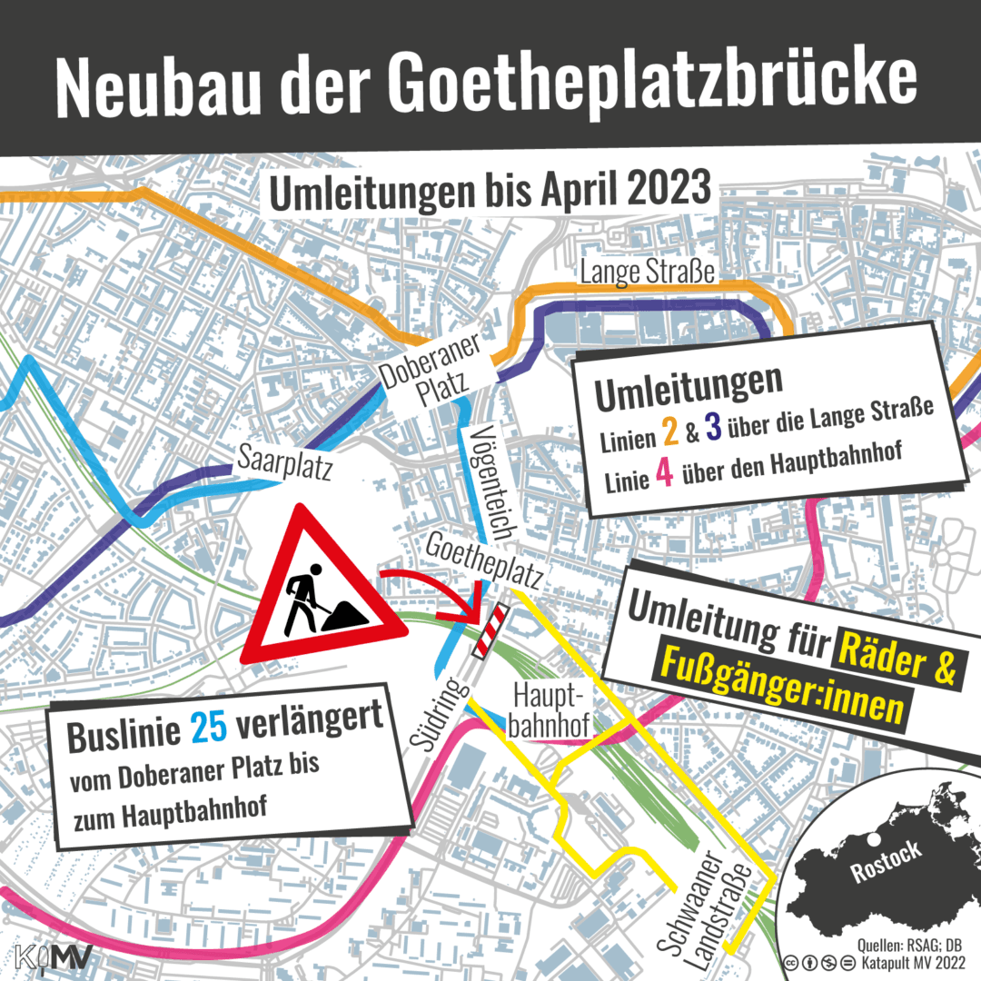 Umleitungen bis April 2023 aufgrund des Neubaus der Goetheplatzbrücke: Straßenbahnen 2 und 3 werden über die Lange Straße umgeleitet