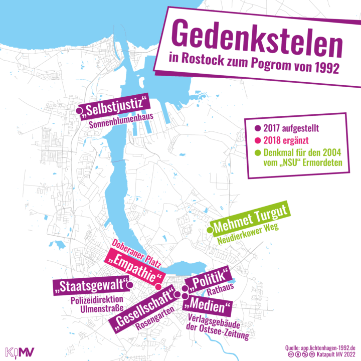 Karte mit den Gedenkstelen in Rostock sowie dem Mehmet-Turgut-Denkmal