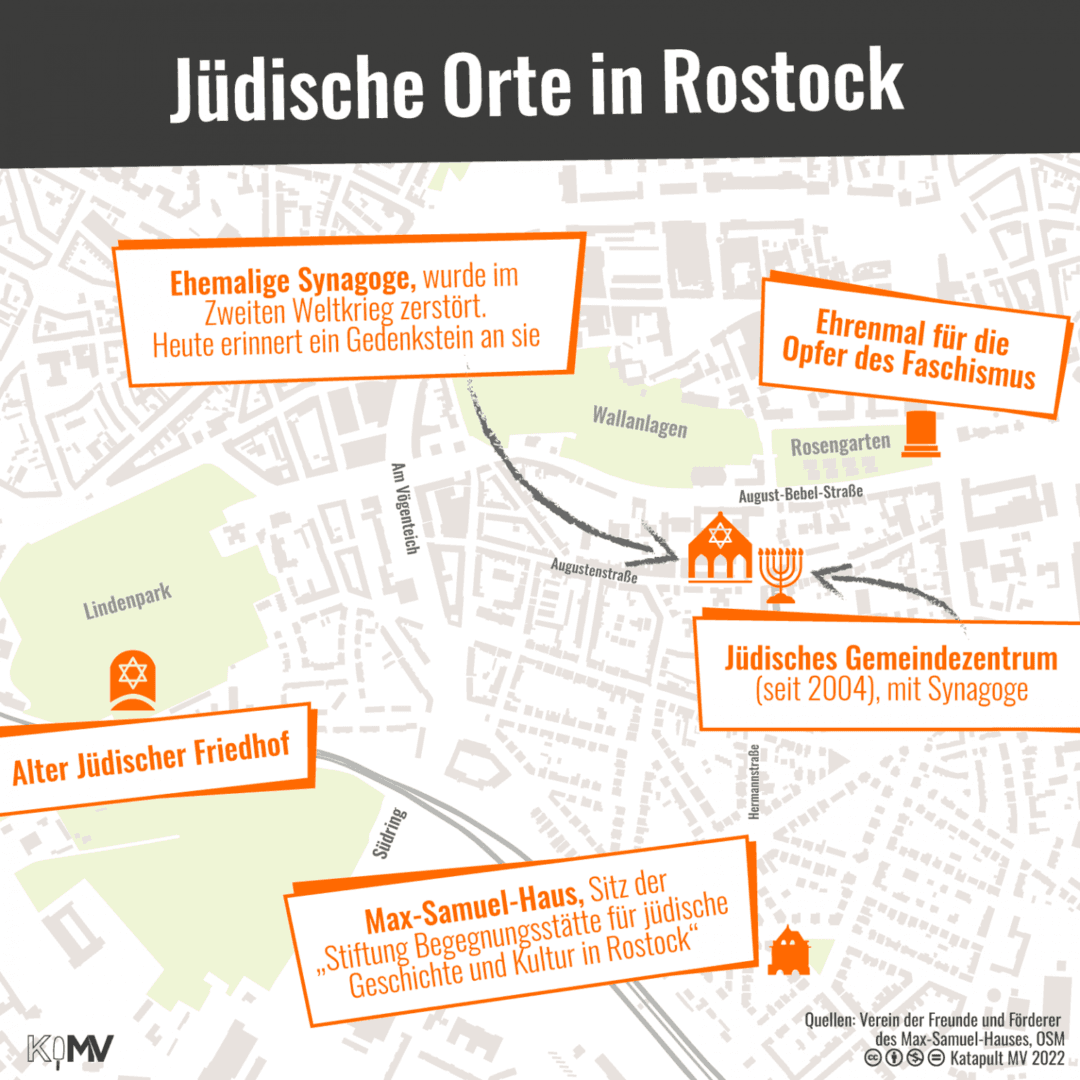 Karte von jüdischen Orten in Rostock. Ehemalige Synagoge in der Augustenstraße - wurde im Zweiten Weltkrieg zerstört